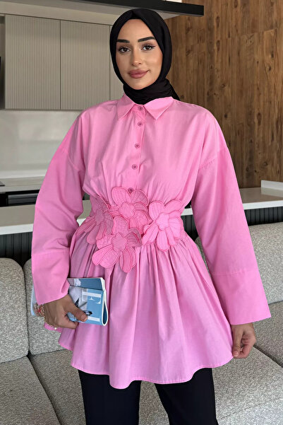 julude Pink Shirt Collar Daisy Applique Elastic Waist Hijab Tunic