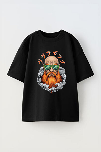 Anetos Tricou The Bald Man cu imprimeu unisex din bumbac negru supradimensionat