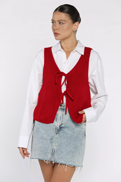 julude سترة تريكو نسائية حمراء برباط أمامي (تناسب المقاسات S-M-L-XL)
