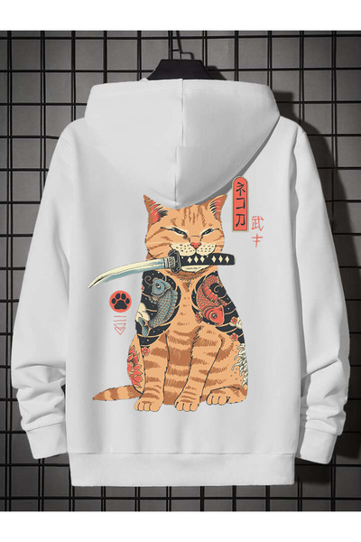 Deep sense سويت شيرت رجالي أبيض بقلنسوة مطبوع عليه قطة الساموراي