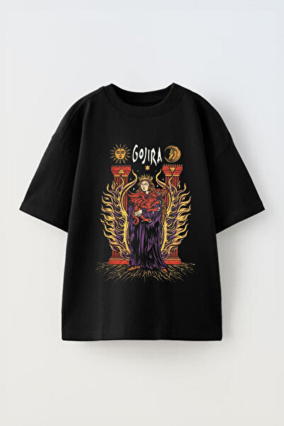 Anetos تي شيرت Gojira 5 مطبوع للجنسين من القطن باللون الأسود مقاس كبير