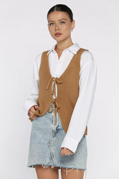 julude Camel Women's Front Tie Knitwear Vest (Available in S-M-L-Xl)