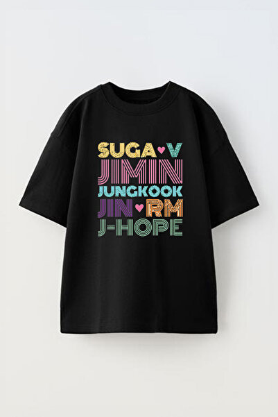 Anetos Tricou Suga BTS 1 cu imprimeu unisex din bumbac negru supradimensionat