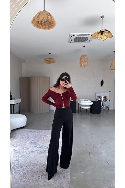 Buket Teke Siyah Gizli Kemer Palazzo Kumaş Pantolon