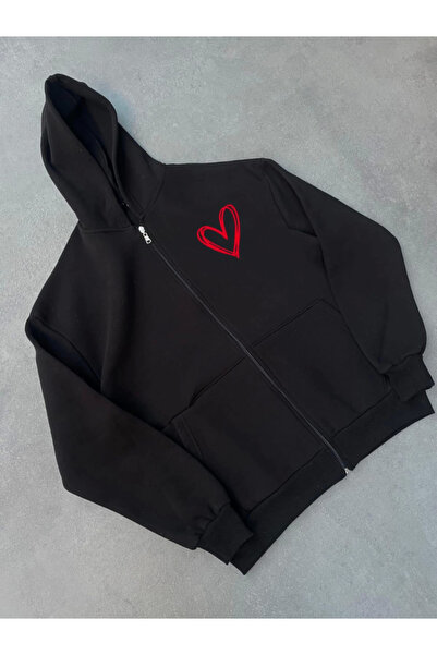 KentselBazaar Ζακέτα με κουκούλα με φερμουάρ με τρία νήματα - Μαύρη