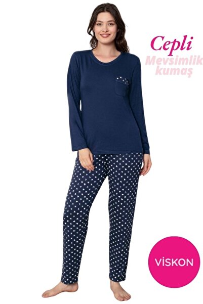 bie's Set de pijamale pentru femei, albastru marin, guler rotund fără nasturi...