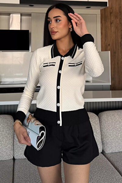 julude Cream Women's Polo Neck Pearl Button Detailed Knitwear Cardigan (Fits in S-M-L Sizes.)