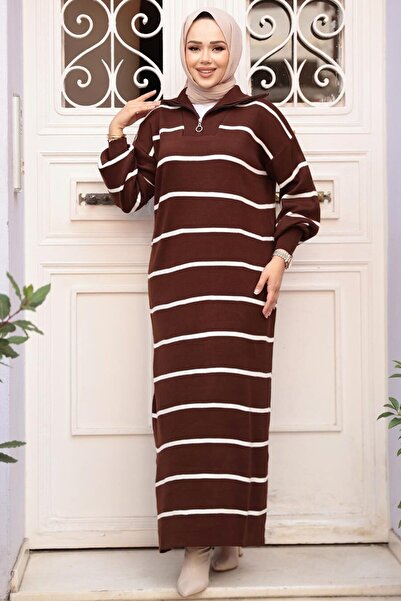 N.S NEVA STYLE Ριγέ Καφέ Τρικοτόφικο Φόρεμα 17206KH