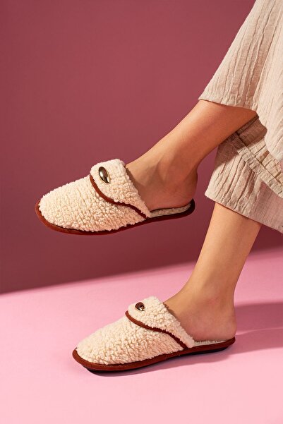 FUGA MODA Παντόφλες οικιακής χρήσης Evelis Beige Terry με αξεσουάρ με υφή σταγόνας