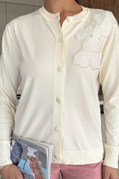 julude Cream Women's Tulle Embroidered Knitwear Cardigan (Available in S-M-L-Xl)