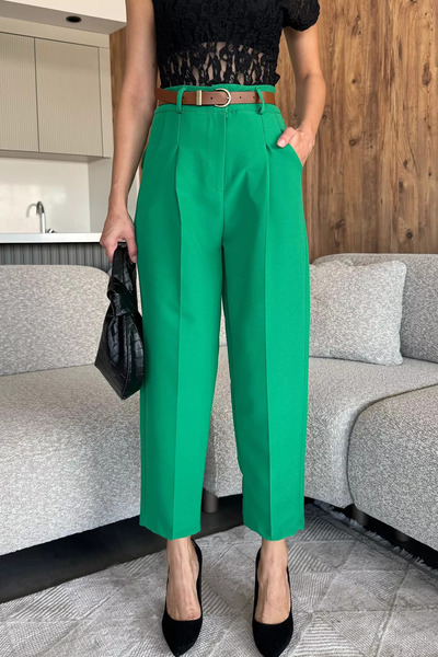 julude Green Women's High Waist Carrot Pants with Belt Accessories