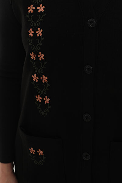 İKSUN Güllü Nakışlı Kışlık Kalın Çelik Örgü Düğmeli Cepli Triko Anne Yelek