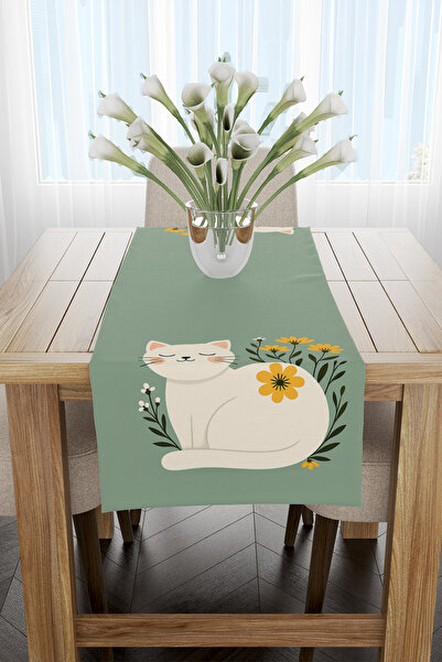 EsnafAli Runner cu model verde alb pisică 40x140