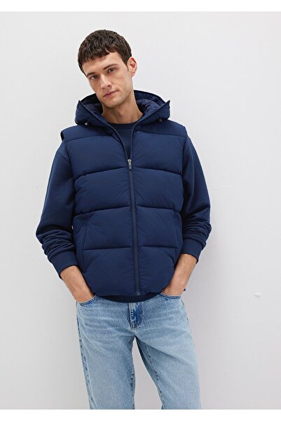 Mavi Kapüşonlu Gri Şişme Yelek Regular Fit / Normal Kesim