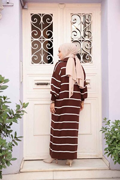 N.S NEVA STYLE Ριγέ Καφέ Τρικοτόφικο Φόρεμα 17206KH