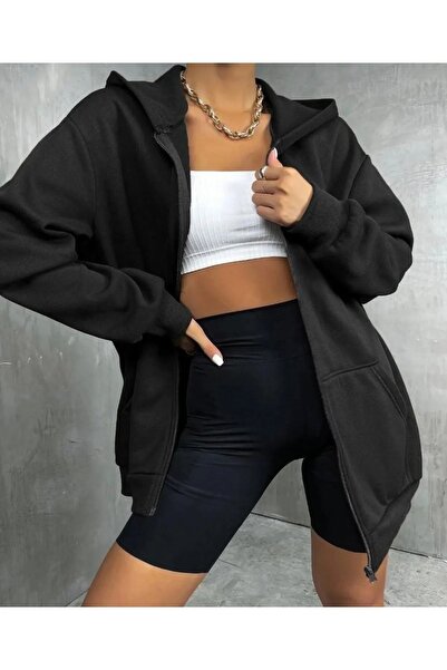 Deep sense Women's Winter Black Sweatshirt Hooded Zipper Cardigan