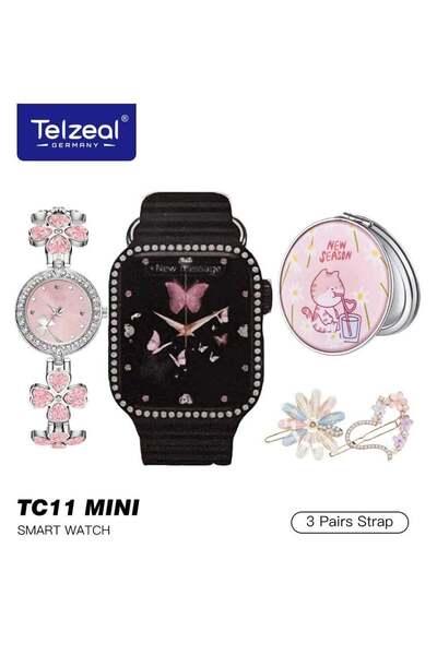 TELZEAL TC11 Mini Smart Watch With 3 Pair Strap Analog Watch Makeup Mirror Hair Clip and Wireless Ch