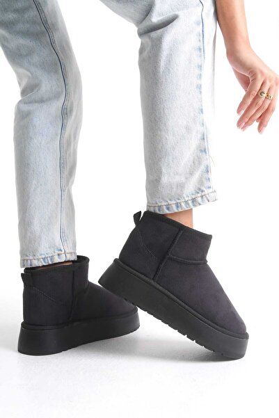 wolfcity Siyah Mini Yarım Bot Içi Tüylü Düz Taban Kadın Ayakkabı U-K