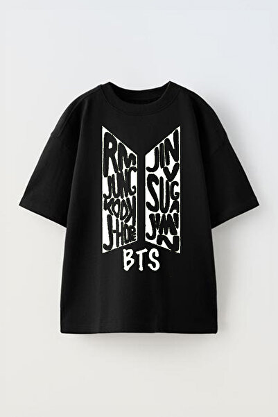 Anetos Tricou Bts 2 cu imprimeu unisex din bumbac negru supradimensionat