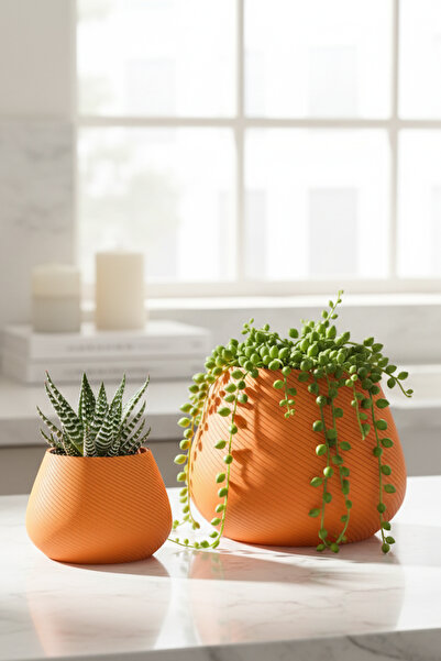 oalpo 2’li Modern Saksı Seti, Dekoratif Saksı, Minimalist Saksı, Turuncu, 12cm