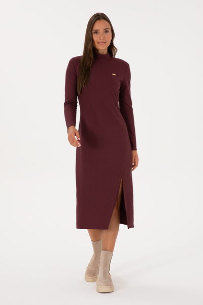 U.S. Polo Assn. Kadın Bordo Yırtmaçlı Dik Yaka Midi Boy Örme Elbise 50313549-VR177