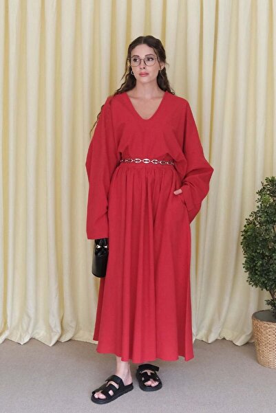 Ceylan Otantik Red Organic Linen Balloon Skirt