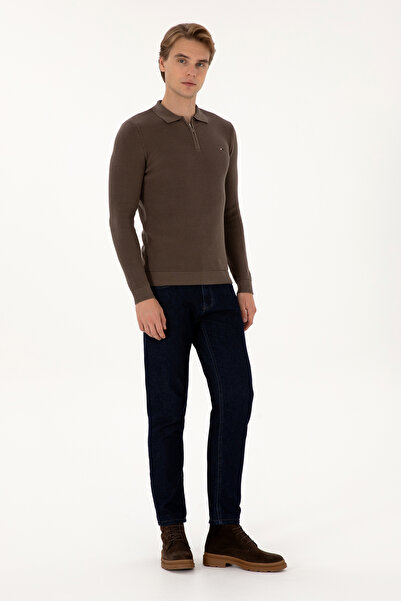 U.S. Polo Assn. Erkek Regular Fit Fermuarlı Vizon Basic Kazak 50313685-VR052