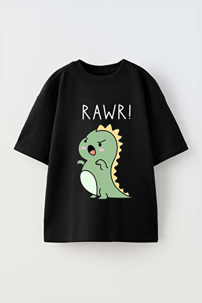 Anetos Tricou Rawr Dino cu imprimeu unisex din bumbac negru supradimensionat