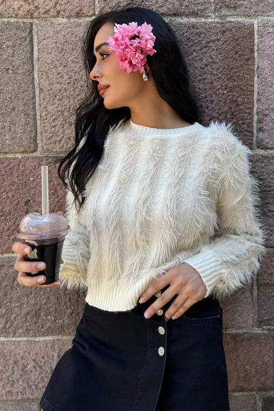 julude Cream Women's Bearded Knitwear Sweater