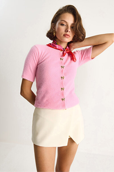 Bianco Lucci Cardigan de tricotat cu textura moale pentru femei, cu detaliu cu nasturi cu fundă w25033 60284078