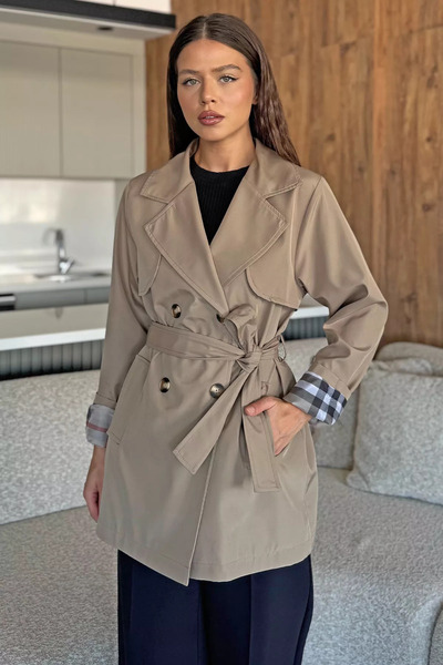 julude Beige Women's Front Buttoned Waist Belted Trench Coat