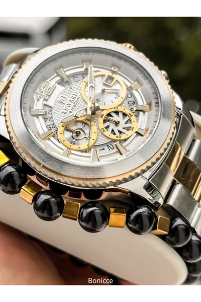 Reward Erkek Kol Saati, Sertifikalı ,Garantili, Sarı Gümüş Çelik Kordon, Takvimli, Bileklik Hediyeli