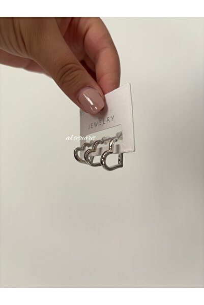 aksesuaris 3 Different Size Silver Color Heart Earrings