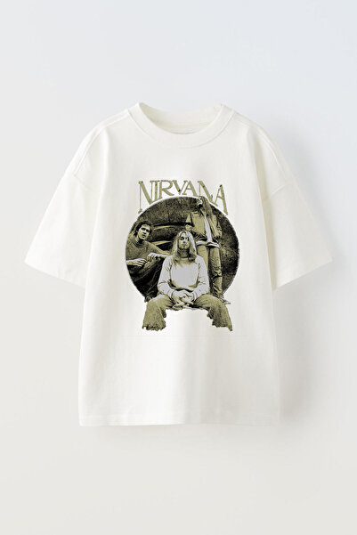 Anetos تي شيرت نيرفانا 1 مطبوع من القطن الأبيض للجنسين مقاس كبير