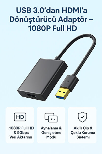 Coverzone USB 3.0 - HDMI Dönüştürücü 1080P Full HD, 5Gbps Hızlı Aktarım, Wind...