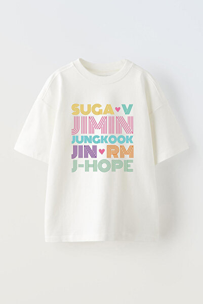 Anetos Tricou Suga BTS 1 cu imprimeu unisex din bumbac alb supradimensionat