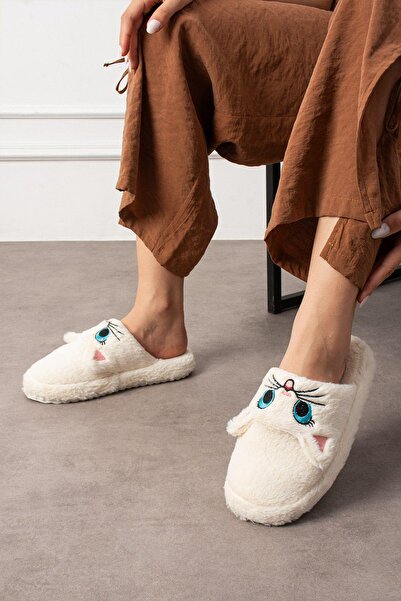 Oksit My Cat Embroidered Women's House Slippers Plush Slippers Dowry and Bundle Slippers Do Not Make Noise Thick Sole