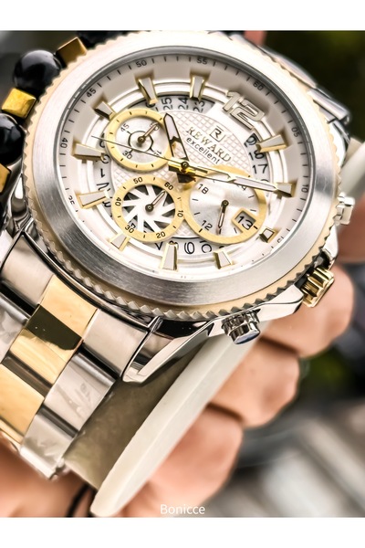 Reward Erkek Kol Saati, Sertifikalı ,Garantili, Sarı Gümüş Çelik Kordon, Takvimli, Bileklik Hediyeli