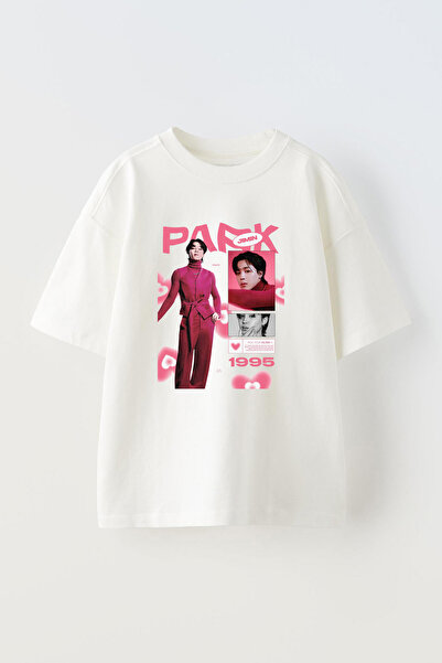 Anetos Tricou Jimin cu imprimeu unisex din bumbac alb supradimensionat