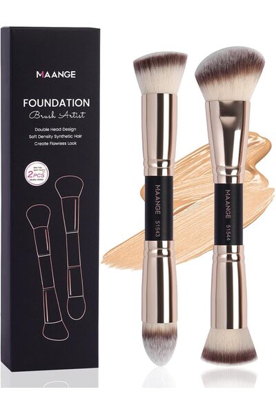 MAANGE فرش مكياج الأساس، قطعتان من فرشاة المكياج الفاخرة ذات الطرفين (مسطحة/مائلة/دائرية بزاوية/على شكل حرف T)