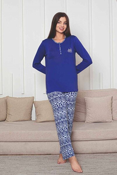 bie's Set de pijamale cu mânecă lungă pentru femei, albastru bleumarin, model etnic, cu 3 nasturi, material elastic viscoză, de tranziție