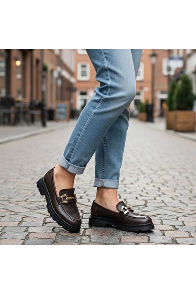 MOLY ESPADRİLLE GÜNLÜK KADIN AYAKKABI KAHVERENGİ KALIN TABAN GOLD TOKA