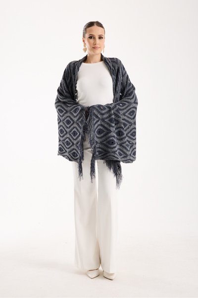 OCEAN KNITWEAR Gray Navy Blue Openworked Tassel Shawl