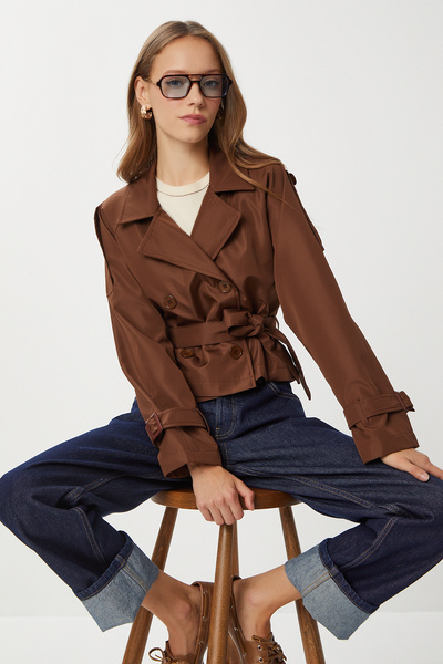 Lovelyİstanbul Double-Breasted Short Trench Coat Ldd0128 Brown