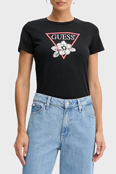 Guess Flower Women's Black Regular Fit T-Shirt W5Yi38I3Z14-Jblk