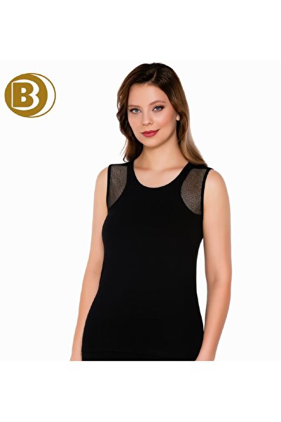 Belinay Women'S, Round Neck Tulle Detail, Black Bodysuit