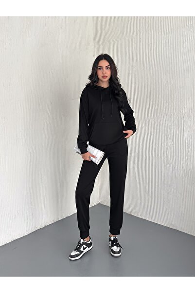 Yelken Giyim Women's Black Hooded Model Fabric Full Stretch Tracksuit Set – Comfortable Fit, Casual and Sporty Combination