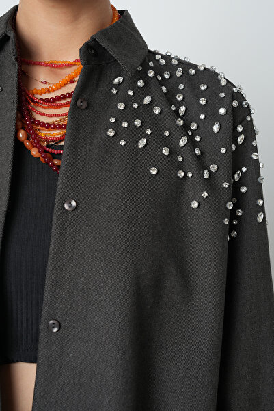 Orfeo Negro Women's Robe Stone Embroidered Oversize Cut Hijab Shirt