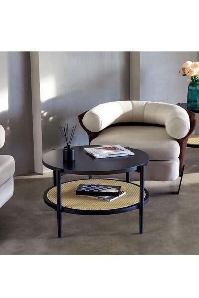 Crestj Round Coffee Table with Wooden Shelves and Metal Legs - Black || 100 cm