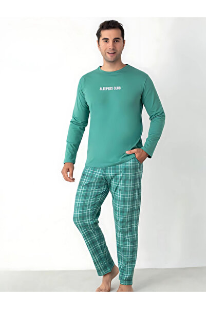 Arc ERKEK %100 PAMUK ALTI EKOSELİ ÜSTÜ YAZILI BİSİKLET YAKA KIŞLIK PİJAMA TAKIMI